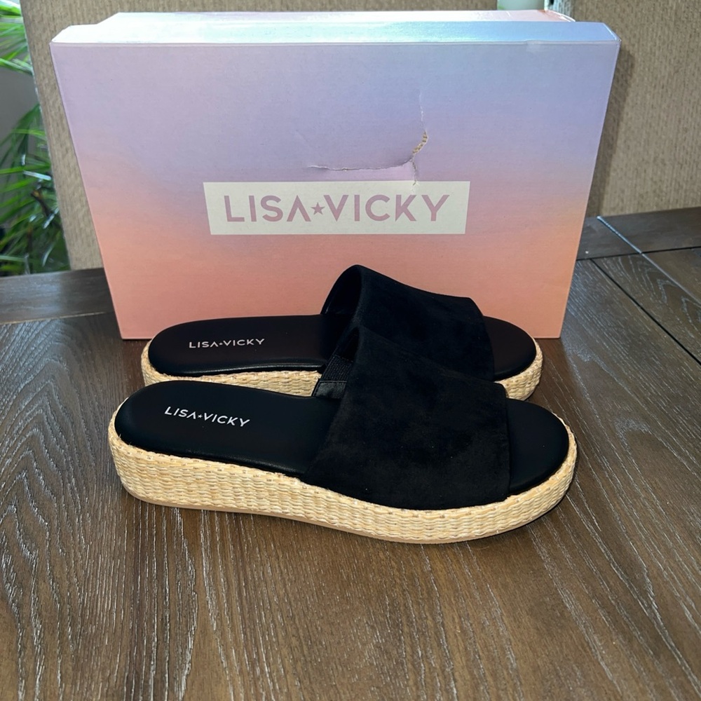 LISA VICKY Black Women's Suede Slide Sandals Raffia  Size 6M